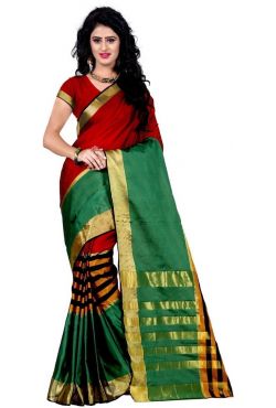 Tenue indienne vert rouge en mousseline de soie brodé de fleurs en perles