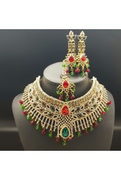 Parure 3 bijoux indiens ethniques perles pierres rouges