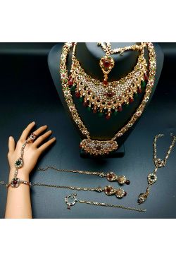 Bijoux indiens parure de mariage dorée rouge vert