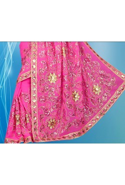 Sari rose brodé de sequin doré mode indienne traditionnel et pas cher