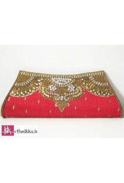 Sac de soirée soie marron brodé de perles et swarovski