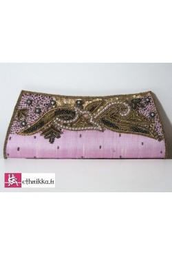 Sac de soirée en soie brute brodé d'arabesque de perles et swarovski