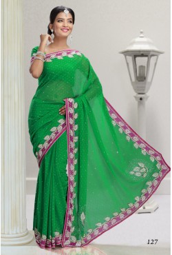 Sari indien vert pomme et rose