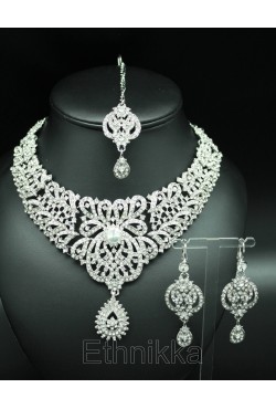 Parure indienne bijoux ethniques plaqué argent à strass blanc