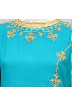 Djellaba femme turquoise et dorée manche longue